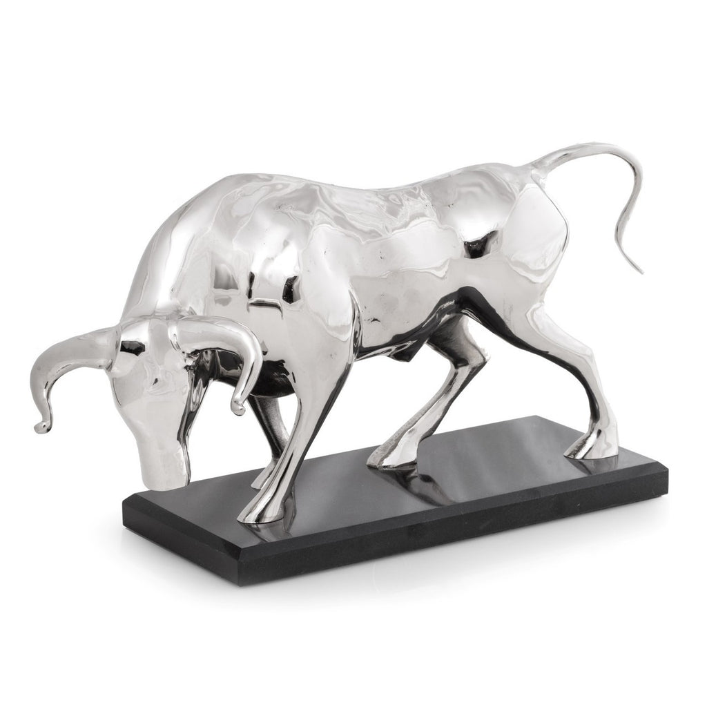 Bull Sculpture with Nickel Plated Finish on Marble Base- Item #H0068