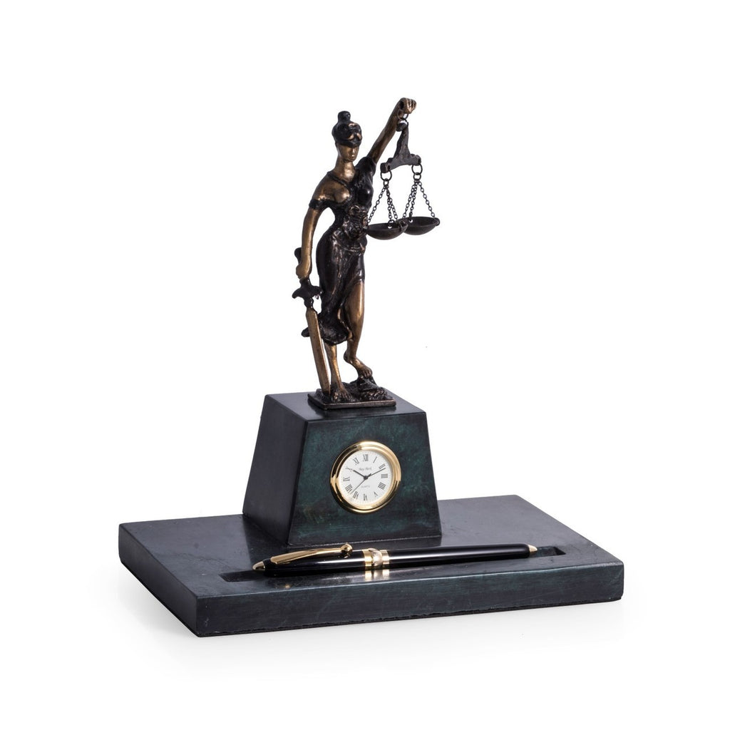 Scales of Justice pen holder with clock- Item #H0098