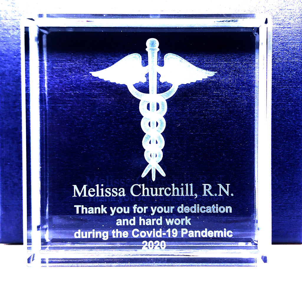 Nurse Appreciation 3x3 or 5"x5" Optical Crystal with 3D Caduceus  Item# CV001