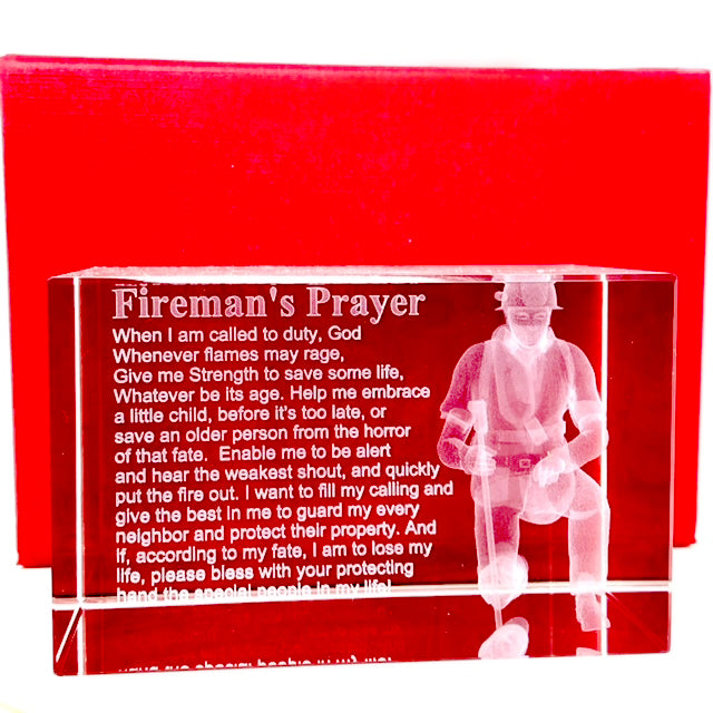 Fireman's Prayer with 3d Firefigher in a  Rectangualr 3x2 Inch Crystal- Item#H1008/9