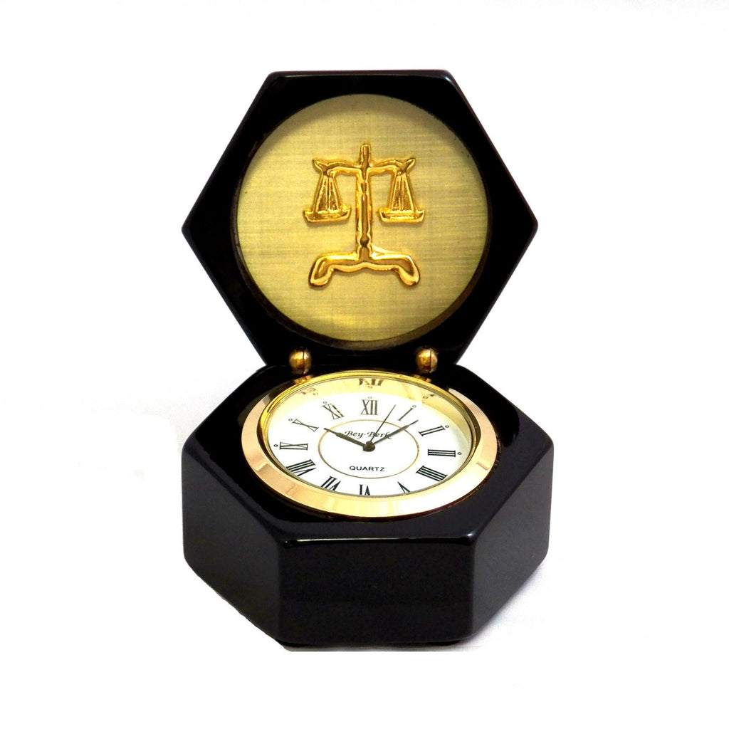 Legal Scales of Justice Stanford  Lacquered Ebony Wood Box with Quartz Clock -  Item #3065