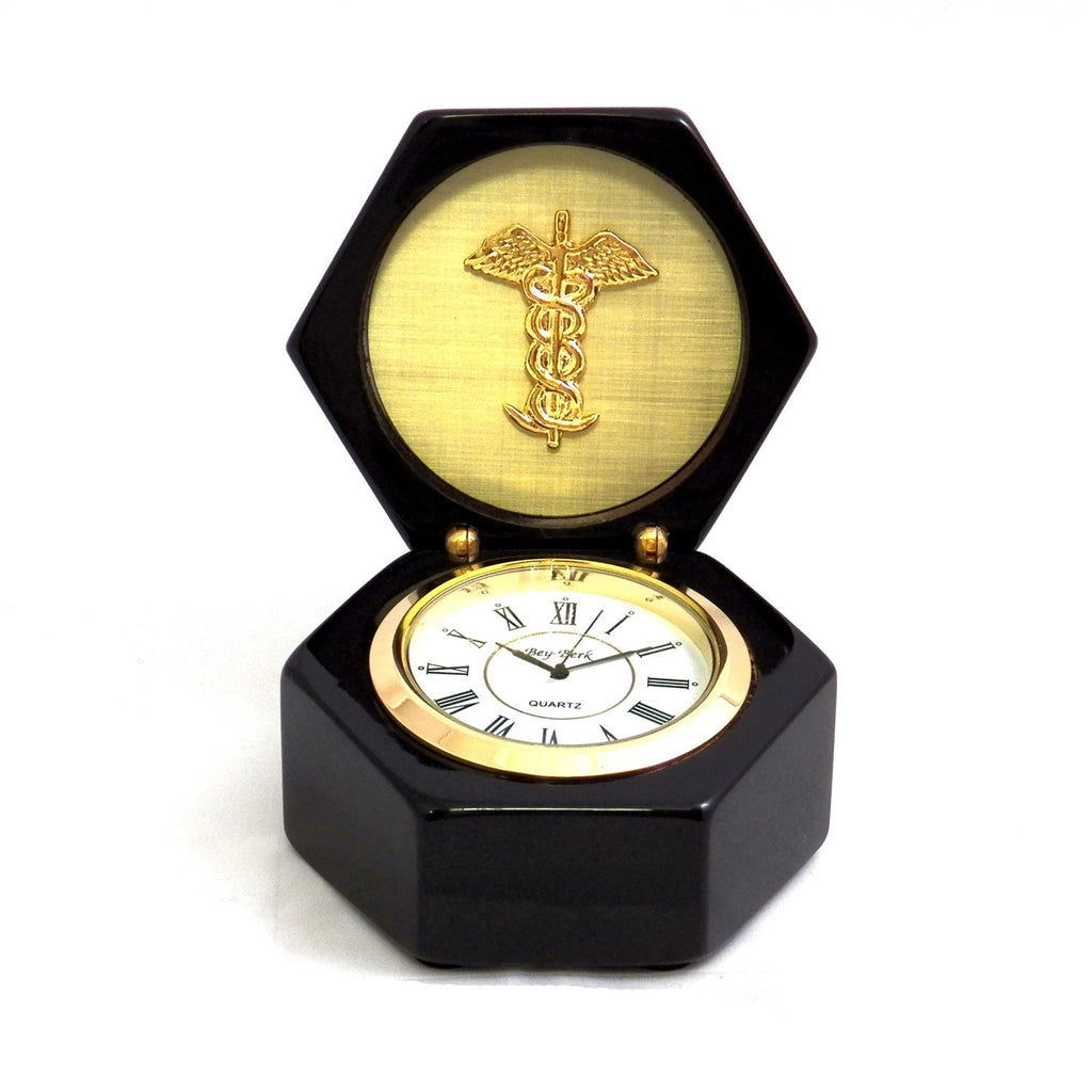 Medical Caduceus Stanford  Lacquered Ebony Wood Box with Quartz Clock -  Item #3066
