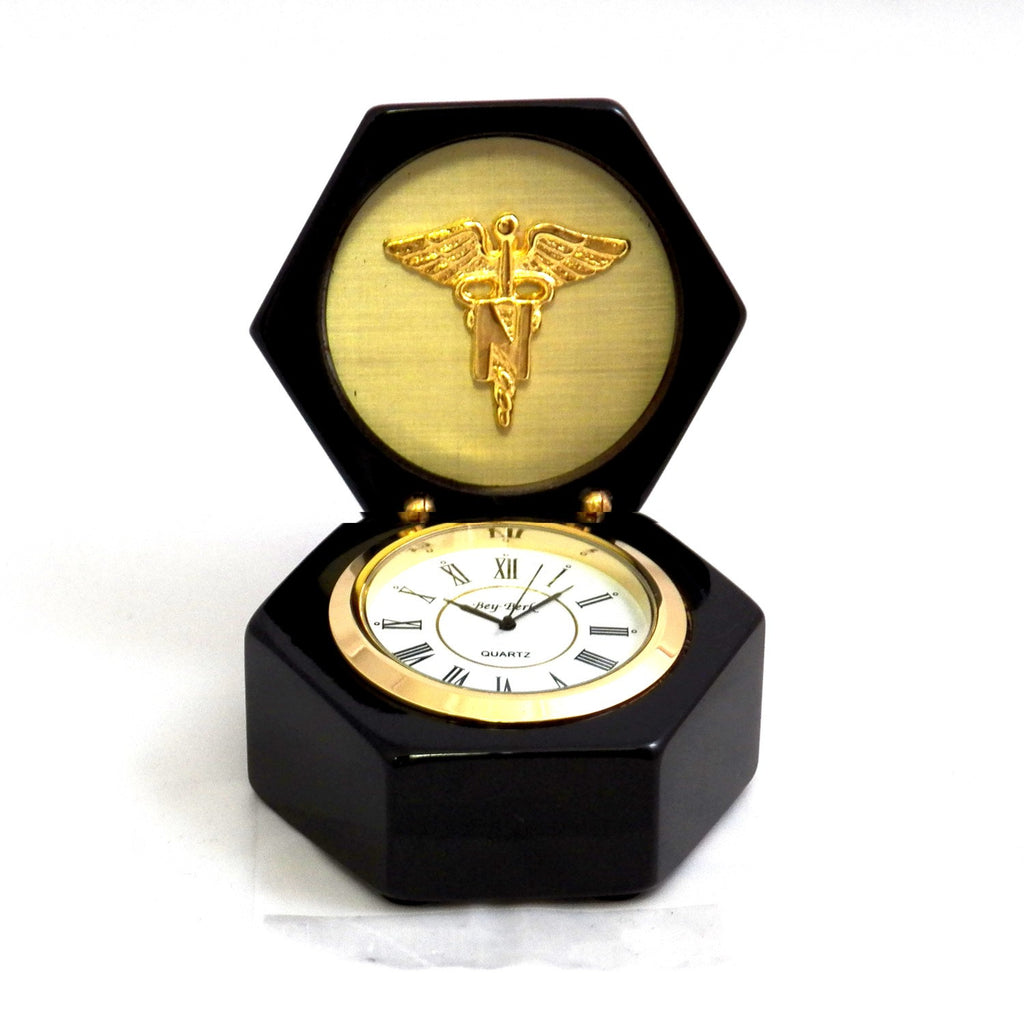 Medical Nurse Caduceus Stanford  Lacquered Ebony Wood Box with Quartz Clock -  Item #3069