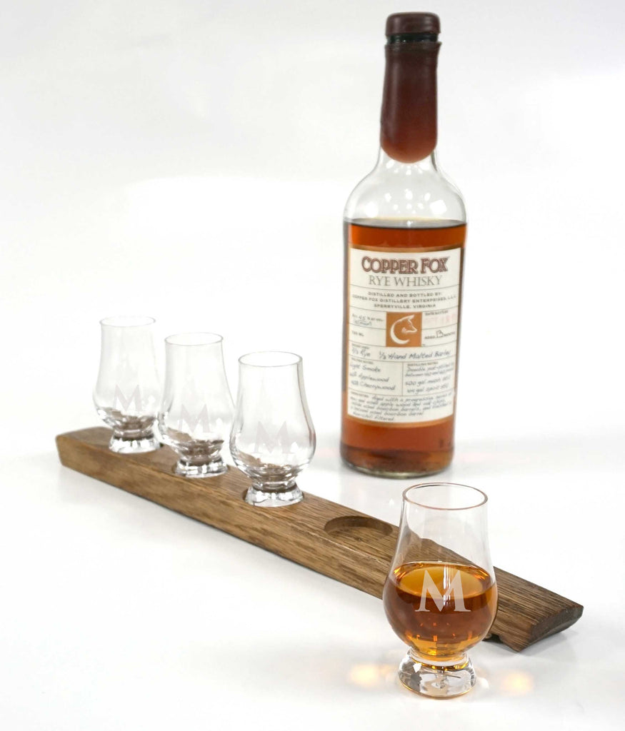 Whiskey Barrel Flight Stave with Personalization and 4 Wee Glencairn Glasses- Item #H0141